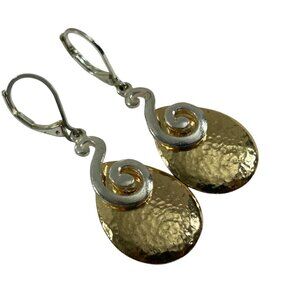 Two Tone Dangle Brutalist Earrings Sculptural Swirl Textured Hammered Boho